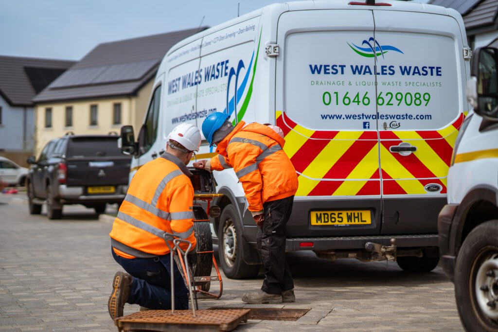 West Wales Waste team carrying out CCTV drain inspection on housing estate in Milford Haven, Pembrokeshire